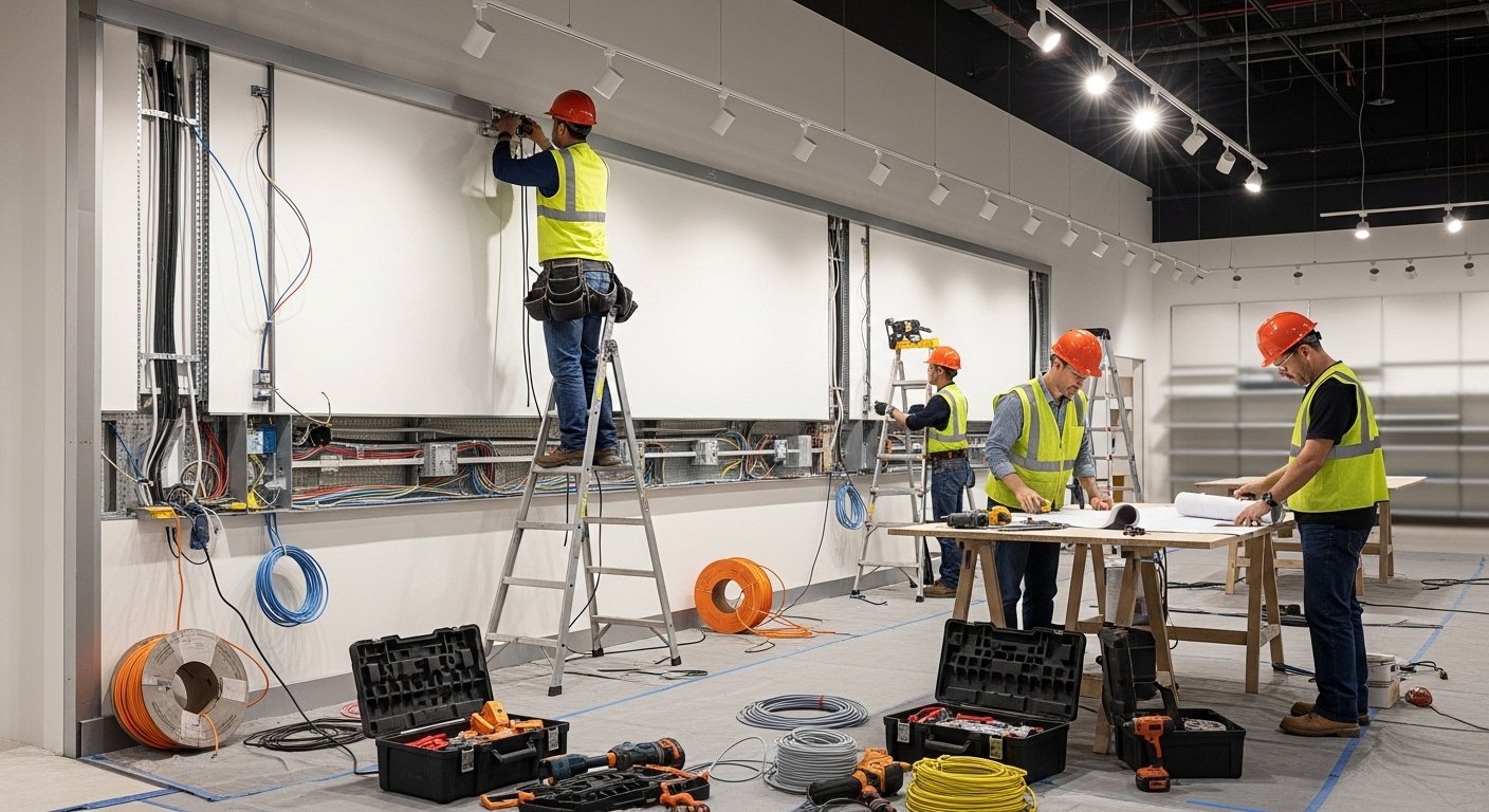 Electricians wiring a commercial space