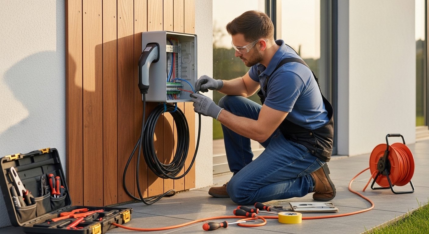 Electrician installing a Level 2 EV charger