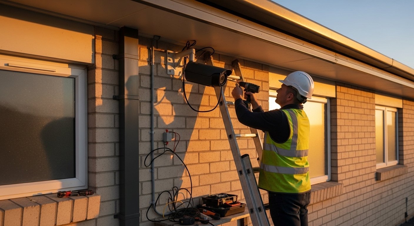 Electrician installing lighting in a ceiling